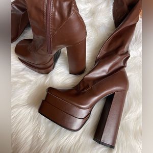 Miss Lola Mocha faux leather over the knee platform block heel boots